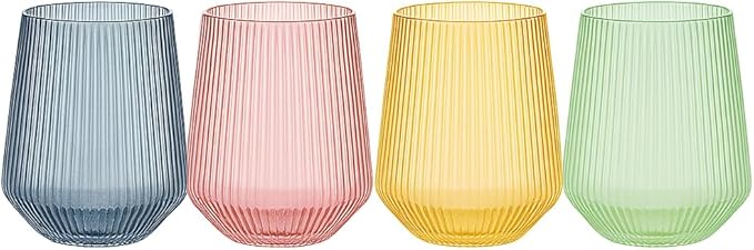 40 count Origami Ripple Unbreakable Stemless Plastic Wine Champagne Whiskey Glasses Elegant Durable Disposable Indoor Outdoor Ideal for Home, Bars, Wedding, Ribbed 12 Ounce Cups (Color Collection)