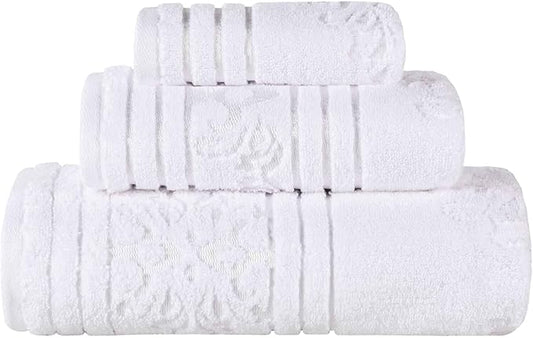 Superior Cotton 3 Piece Towel Set, Includes 1 Bath, 1 Hand, 1 Washcloth/Face Towel, Quick Dry, Home Essentials, Shower, Spa, Luxury Plush Soft Absorbent Towels, Zero Twist, Jacquard Floral, White
