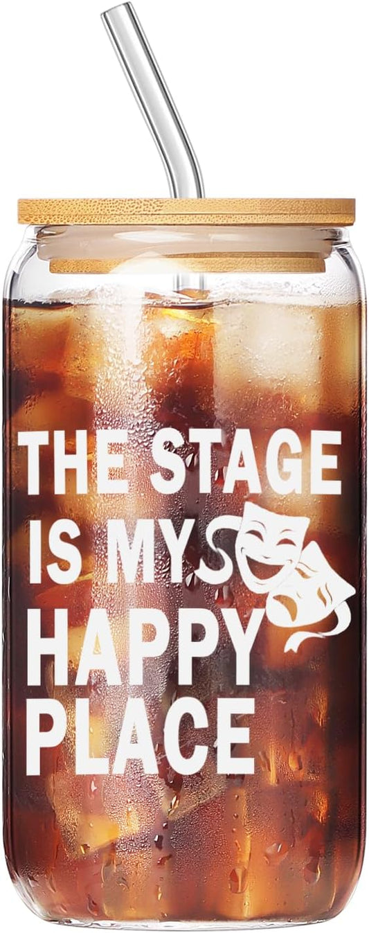 Theater Gifts, Musical Theater Gift, Broadway Gifts for Directors, Actors, Music Teachers, Musicians on Birthday Christmas - 17 Oz Drinking Glass Iced Can Glass Cup with Bamboo Lid and Straw