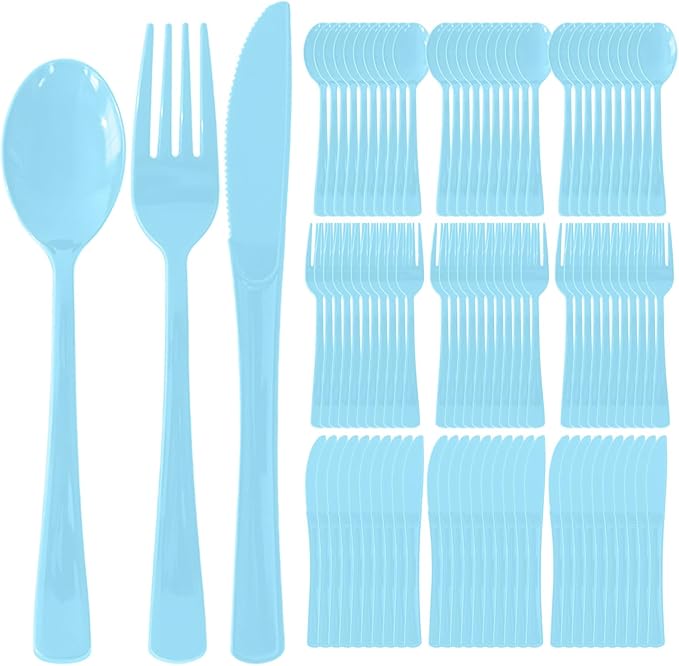 150 Pack Disposable Plastic Silverware, Heavy Duty Light Blue Plastic Cutlery Set Includes 50 Forks 50 Knives 50 Spoons for Birthday Wedding Party Picnics (150, Light Blue)
