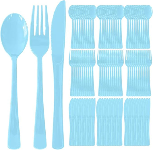 300 Pack Disposable Plastic Silverware, Heavy Duty Light Blue Plastic Cutlery Set Includes 100 Forks 100 Knives 100 Spoons for Birthday Wedding Party Picnics (300, Light Blue)