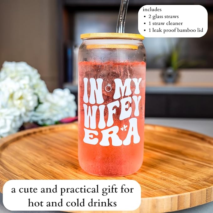 In My Wifey Era Cup 16oz Glass Coffee Cup with Bamboo Lid & Straw | Wifey Bride Cup, Cute Aesthetic Glass Tumbler for Women