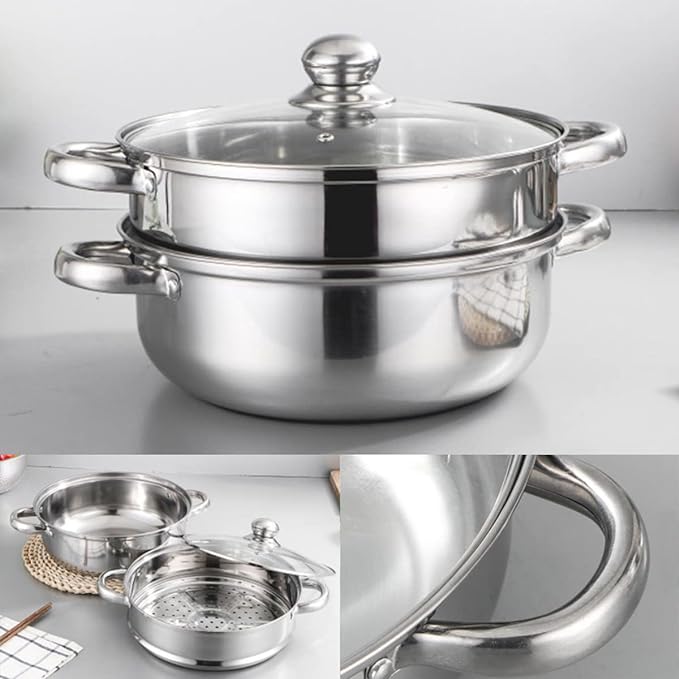 Steamer Pot for Cooking 11.9 inch Steamer Pot Upgrade Capacity, 2-tier Multipurpose 18/8 Stainless Steel Steam Pot Cookware with Lid for Vegetable, Dumpling, Stock, Sauce, Food