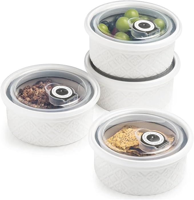 Ramekins 6 oz with Lids Oven Safe, Small Creme Brulee Ramekins with Covers, Ceramic Ramekin Set of 4, Mini Prep Pinch Bowls - Dishwasher and Oven Safe, White
