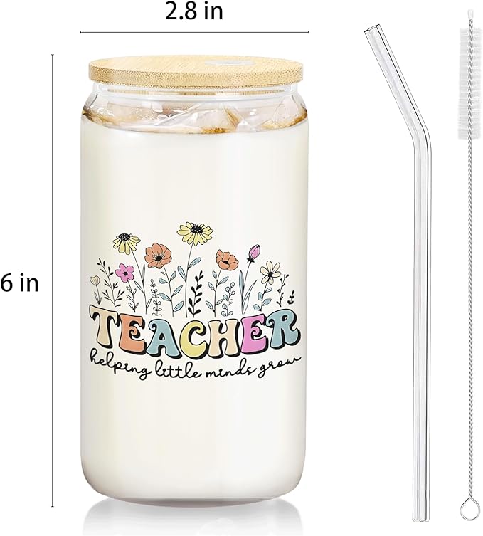 Floral Teacher Glass Cup Lids and Straws 14oz, Kindergarten Teacher Gifts for Women, Teachers Appreciation Gifts Glass Iced Coffee Tumbler Drinking Jars with Cleaning Brush