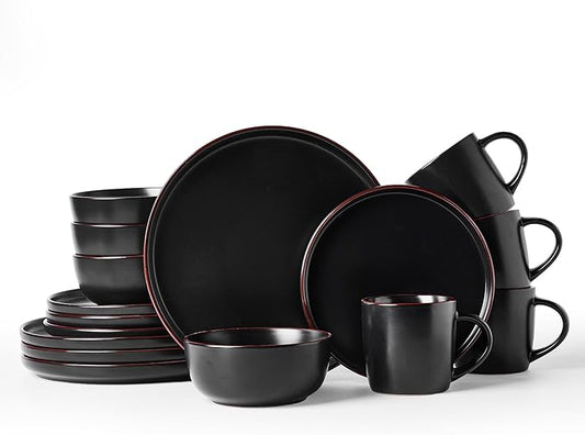 Famiware Mercury Dinnerware Sets with Mugs, Service for 4 (16 Pieces), Plates and Bowls Sets, Microwave and Dishwasher Safe Dishes Set, Matte Black