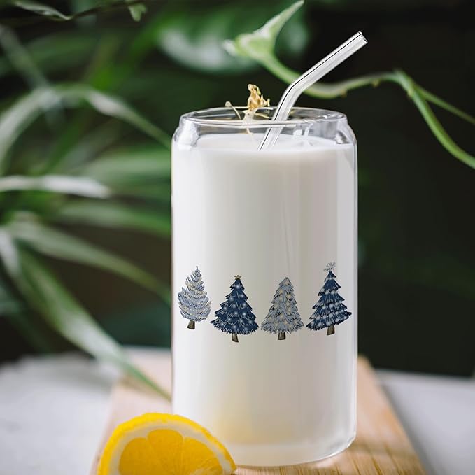 Blue Christmas Tree gifts Glass Coffee Cup With Lid And Straws 14oz - Merry Christmas Drinking Jar Gift For Women Kids Men,Glass Cup For Blue Xmas Decor