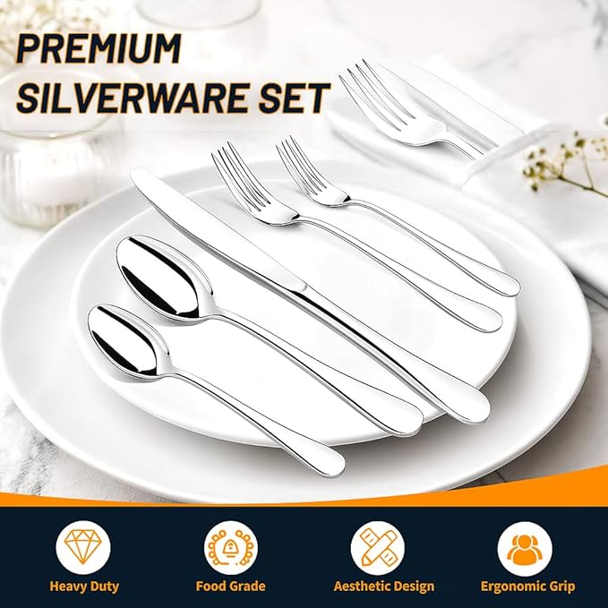 Silverware Set, 40 Piece Stainless Steel Cutlery Sets for 8, Heavy Duty Flatware, Mirror Polished Forks Spoons and Knives Set, Reusable Utensils for Home Kitchen, Dishwasher Safe