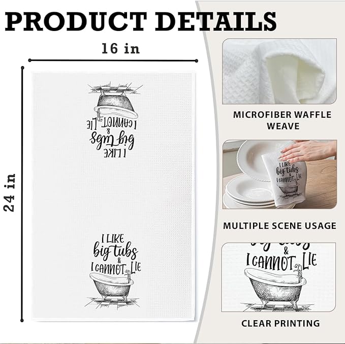 Funny Bathroom Hand Towels, I Like Big Tubs and I Cannot Lie, 16x24 Waffle Weave Hand Towels for Bathroom Decor Guest Bath, Hilarious Gifts for Women Men