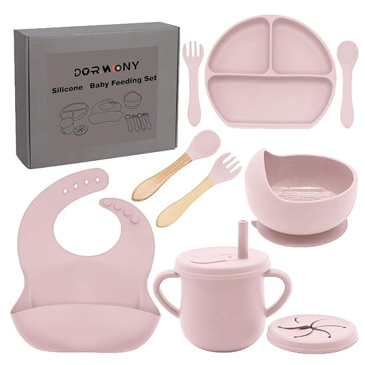 100% Silicone baby feeding set,BPA free Baby dishes set with Suction Bowl Divided Plate,Toddler Self Feeding Dish Set with Spoons Forks Sippy Cup And Bib, Baby Eating Utensils (Lilac)