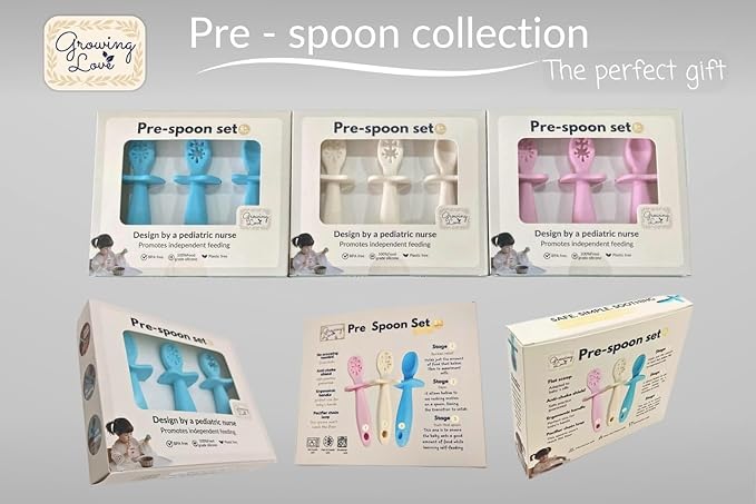 Growing Love Baby Spoons Set, Self Feeding 6 months, Pre-Spoon, Baby utensils, Toddler spoon, training spoon, cuchara bebe, blw, 100% silicone, Anti choke shield (vanilla)