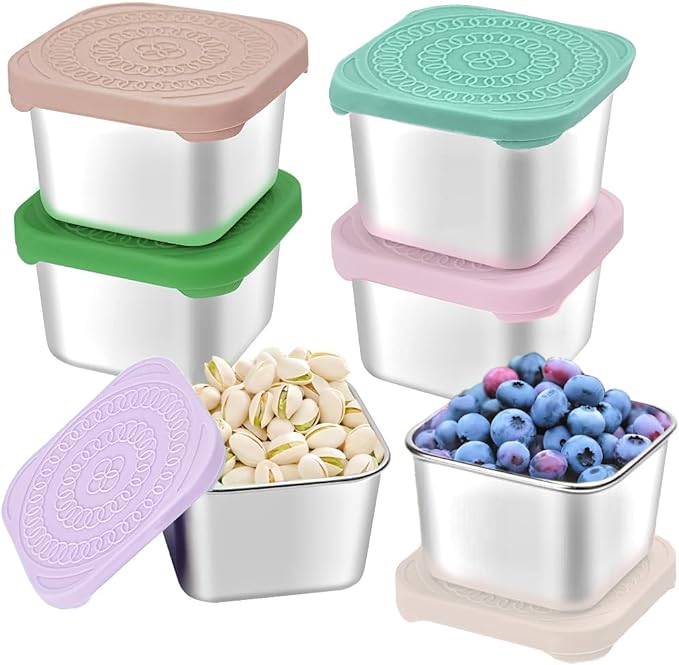 6Pack Stainless Steel Snack Containers for Kids, Easy Open Leak Proof Metal Toddler Snack Containers with Silicone Lids, Stackable Metal Toddler Lunch Box for Daycare, School and Travel (6oz)