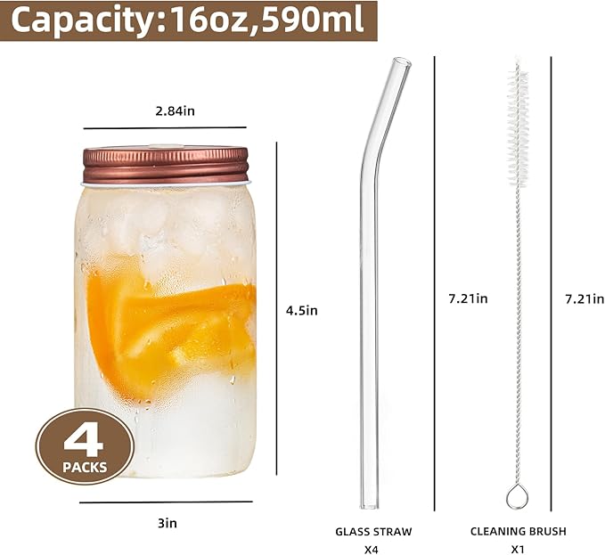 16oz Glass Cups with Lids and Straws - 4Pcs Drinking Glasses Set for Coffee Bar Accessories,Iced Coffee Cups with Lids,Matcha Cup Glass Tumbler Reusable for Gifts