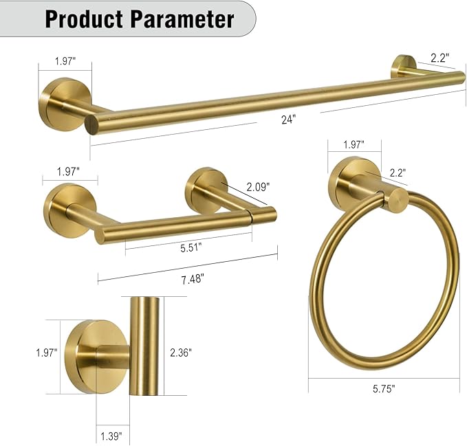 5-Piece Towel Racks for Bathroom, Stainless Steel Bathroom Accessories Set, Bathroom Towel Holder Wall Mounted, Sturdy Bath Towel Bar Set Bathroom Hardware Set (Brushed Gold, 2 Pillar Paper Holder)