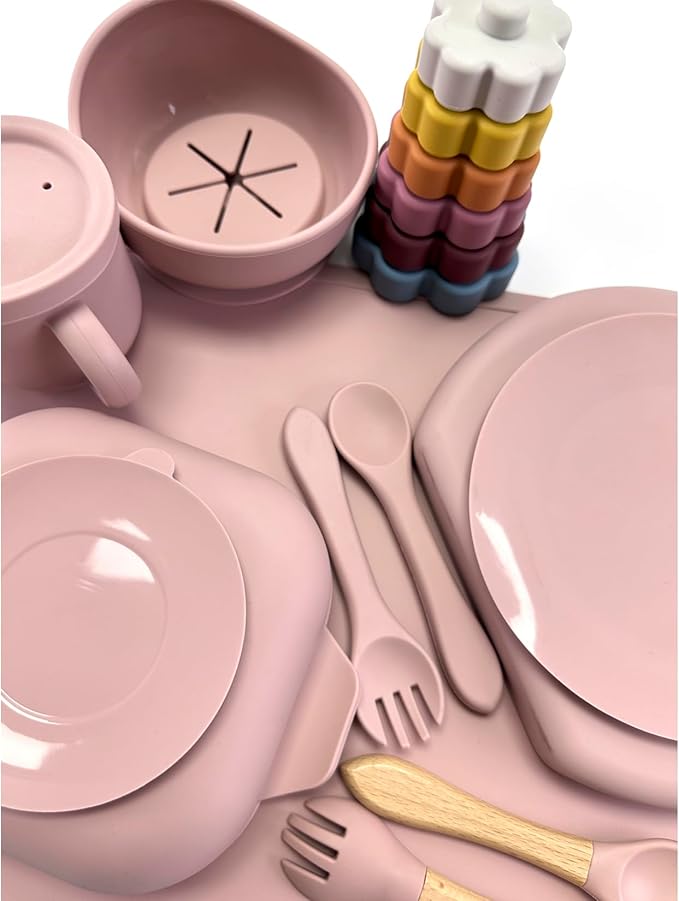 No-Mess Baby Feeding Set — Strong Suction Bowls + Soft Spoons (8-Piece) (Pink)
