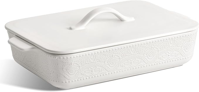 Casserole Dish with Lid, Ceramic 9x13 Casserole Dish for Oven, Rectangular Bakeware, Large Baking Dish with Handles for Holiday Cooking, Roasting, Baking, Oven & Microwave Safe (White)