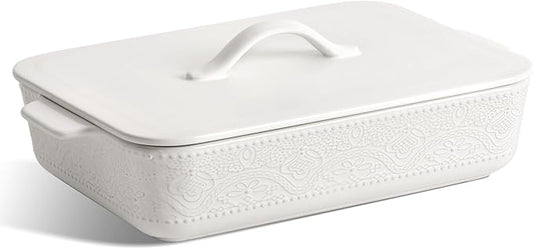Casserole Dish with Lid, Ceramic 9x13 Casserole Dish for Oven, Rectangular Bakeware, Large Baking Dish with Handles for Holiday Cooking, Roasting, Baking, Oven & Microwave Safe (White)