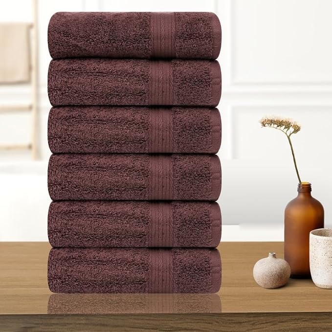 Ample Decor Bathroom Hand Towel 18 X 28 Inch 600 GSM 100% Cotton, Soft Absorbent - 6 Pcs Brown