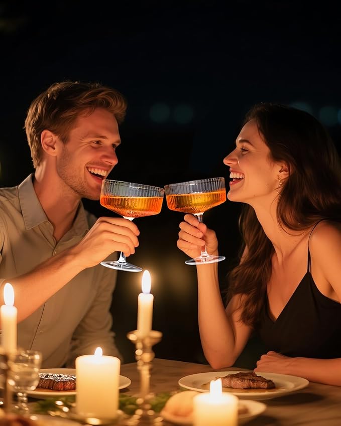 4 Pcs Coupe Glasses, Hand Blown 10 oz Cocktail Glasses, Ribbed Martini Glasses, Gift Boxed Drinking Glasses Set Pefect for Espresso Martini, Manhattan, Cocktail, Wine, Champagne