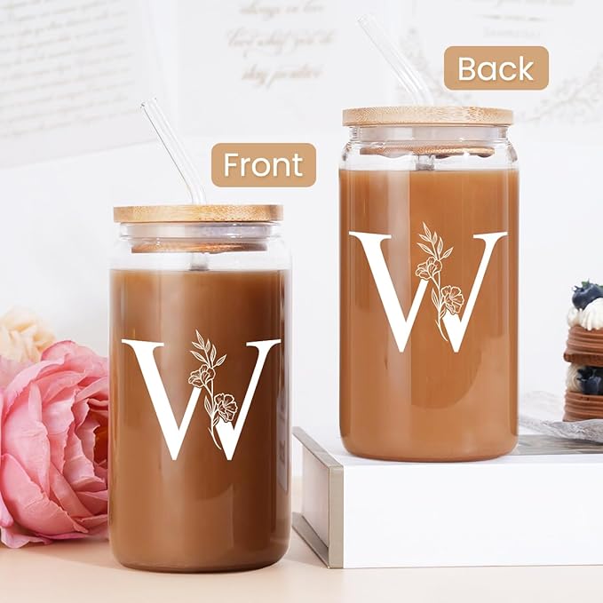 SANDJEST Monogrammed Gifts for Women - Monogram W Initial Glass Cup 16 Oz Can Coffee Cups with Lid and Straw - Monogram Initials Gifts for Womens on Birthday