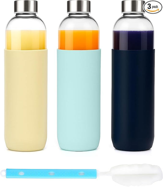 32 oz Glass Water Bottles with Lids and Silicone Sleeve, Reusable Juice Bottles with Stainless Steel Leak Proof Cap, Beverage Storage Containers for Juicing & Water, BPA Free Set of 3
