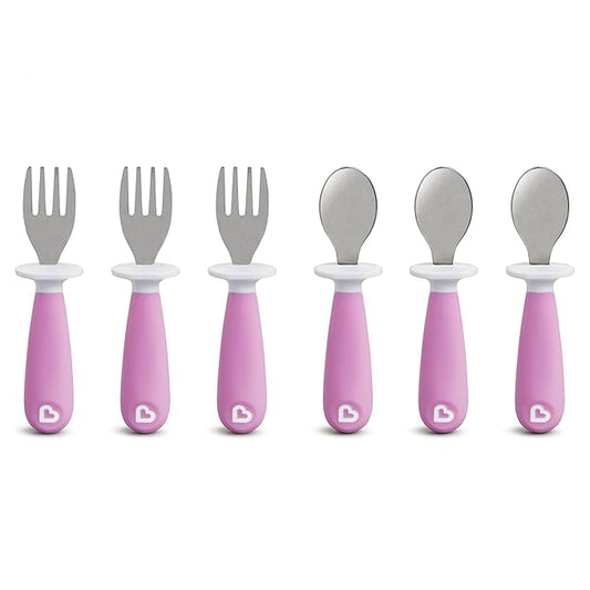 Munchkin® Raise™ Toddler Fork and Spoon Utensil Set, Rest Keeps Tip Off Table, BPA Free, 6 Pack, Purple