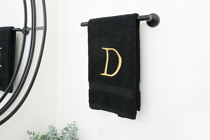 Black Luxury Hand Towel for Bathroom - Monogrammed Initial Hotel Quality Decorative Embroidered Towel for Powder Room, Spa - GOTS Organic Certified - Pack of 2 - Letter D