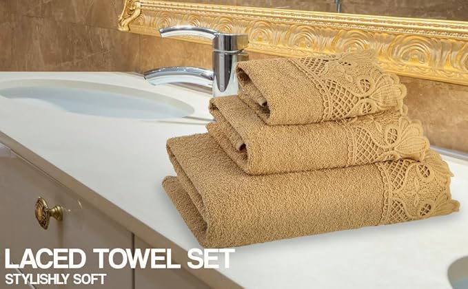 3 Piece Laced Bath Towels Set for Bathroom, Bath, Hand & Wash Cloths, Decorative Stylish Plush Cotton Washcloths - Showering, Face & Body Washing, Airbnb Essentials & Host Accessories, Gold