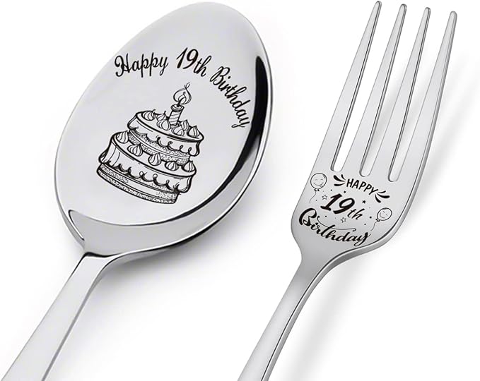 Happy 19th Birthday Spoon&Fork Gifts Engraved Spoon&Fork Personalized Birthday Gifts for Son Daughter Sister Brother Friends