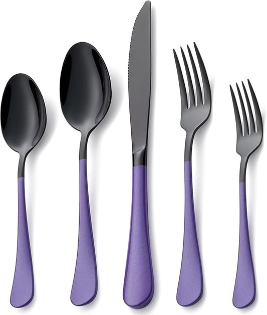 20 Piece Black and Purple 18/0 Flatware Utensil Set for 4, Include Dinner Knife,Dinner Forks,Dinner Spoons,Salad Forks,Teaspoons,Silverware Set for 4, Dishwasher Safe