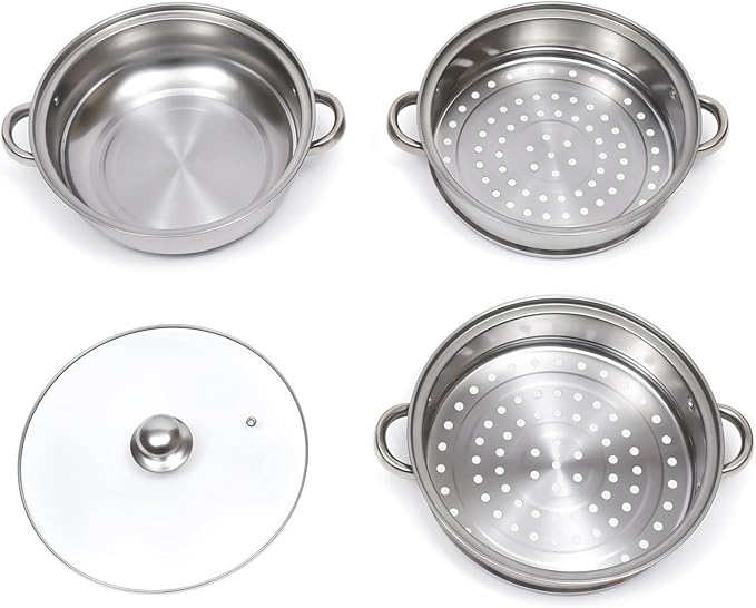 3-Tier Stainless Steel Steamer Pot with Explosion-Proof Glass Lid, 11'' Food Steamer Cooker, Stackable Pan Insert for Induction/Gas/Electric Stoves, 3 Separate Steam Cookware Pot Saucepan