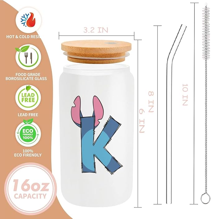 Cute Cartoon Lover Gifts Initial A-Z Personalized Iced Coffee Cup Cartoon Merch 16oz Glass Cup with Lid and Straws Birthday Christmas Gifts for Women Teen Girls Fans (Letter K)