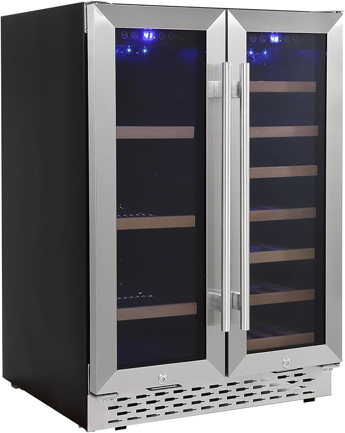 Dual Zone Wine and Beverage Refrigerator, Built-In or Freestanding, 19 Bottle 57 Can Capacity, Adjustable Racks, Quiet Compressor, Double Glass Door, Digital Control, Mini Fridge for Home Bar Kitchen