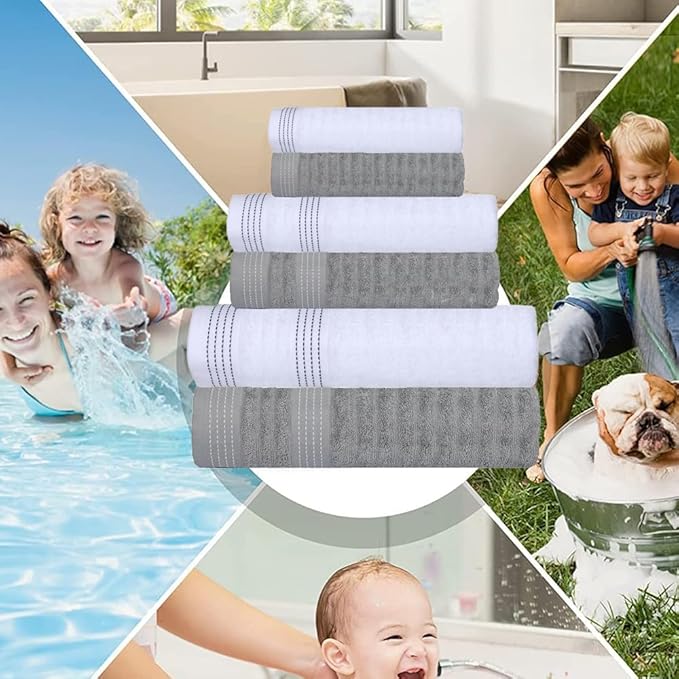 CASA COPENHAGEN Elegance 6 Pieces Towel Set- Grey Violet + White, 550 GSM 2 Bath Towel 2 Hand Towel 2 Washcloth, Designed in Denmark Made of Soft Egyptian Cotton for Bathroom, Kitchen and Shower