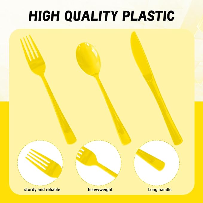 150 Pack Disposable Plastic Silverware, Heavy Duty Yellow Plastic Cutlery Set Includes 50 Forks 50 Knives 50 Spoons for Birthday Wedding Party Picnics (150, Yellow)
