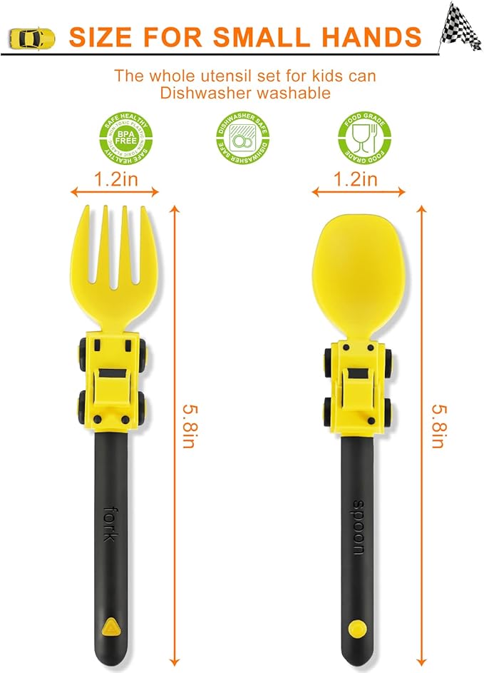 Construction Toddler Utensils - Toddler Forks and Spoons - Kids Construction Truck Utensils - Forks and Spoons Silverware Set - Christmas Birthday Gift for 1 2 3 4 5 year old, Yellow