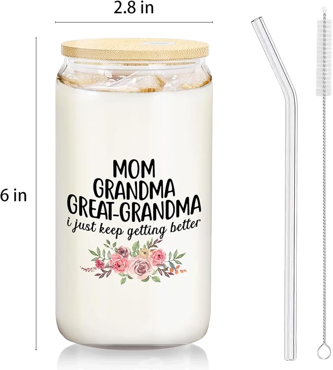 Great Grandma GiftsBaby Announcement Glass Cup with Lids and Straws 14oz, Pregnancy Announcement for Great Grandma, Glass Coffee Tumbler Drinking Jars with Cleaning Brush