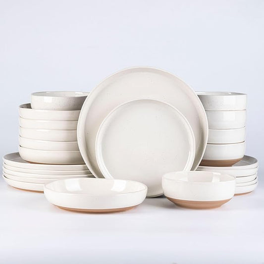 AmorArc Ceramic Dinnerware Sets with Pasta Bowls for 6, Handpainted Plates and Bowls Set with Rustic Terracotta Underside, Scratch Resistant Dishes Set, Dishwasher & Microwave Safe, 24 Pcs