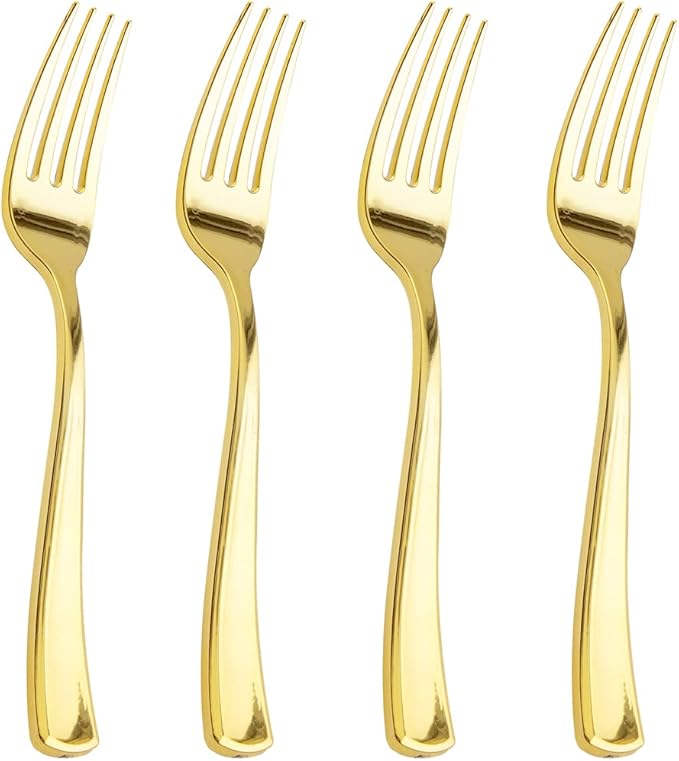 Liacere 200pcs Gold Plastic Forks - Heavyweight - 7.4 Inch Heavy Duty Forks - Gold Plastic Silverware Perfect For Parties & Weddings & Restaurants & New Year And Daily Using&Christmas&New Year
