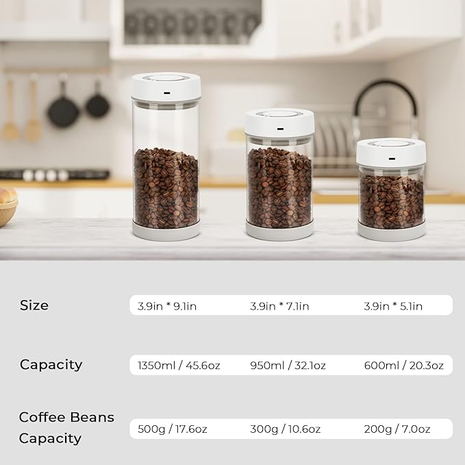 Coffee Bean Storage Container, 600ml Electric Airtight Coffee Canister, Gift for Coffee Lovers, One-Button Operation & Date Tracker Vacuum Canister, Food Storage Container with Borosilicate Glass