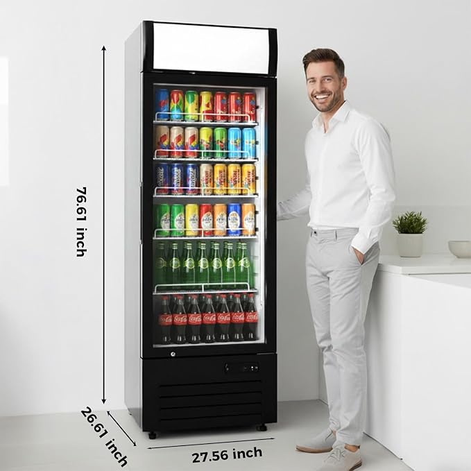 16.5 cu.ft Commercial Refrigerators with 1 Glass Door, Beverage Fridge with LED Light Display Upright Merchandiser, Drink Cooler with 5 Adjustable Shelves Black ETL Approved