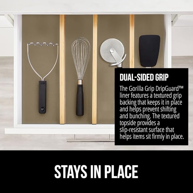 GORILLA GRIP DripGuard Shelf Liner, Non Adhesive Drawer and Kitchen Cabinet Protector, 24x240 Inch, Slip Resistant BPA Free Smooth Surface Plastic Liners for Cabinets, Bathrooms, Closets, Beige