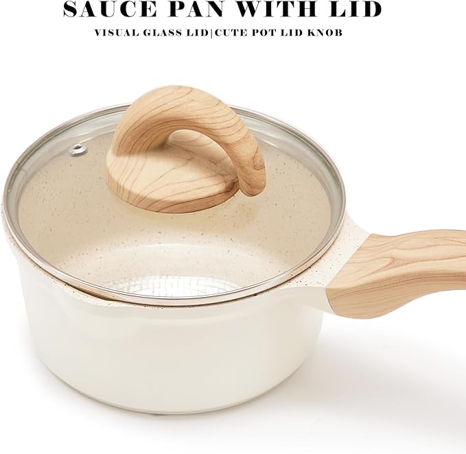 Non Stick Pots and Pans Set Ceramic Cookware Set with Granite Dot, 3pcs Kitchen Cooking Sets Frying Pan Saucepan, No PTFE, No PFAS, Bright Cream