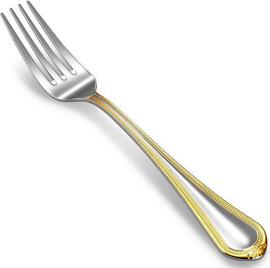 KEAWELL Pearl Edge 4-Piece Premium Fork Set, 18/10 Stainless Steel, Fine Silverware Forks with Mirror Finish and Exquisite Craftsmanship, Gold Accent, Dishwasher Safe (4, 8" Dinner Forks)