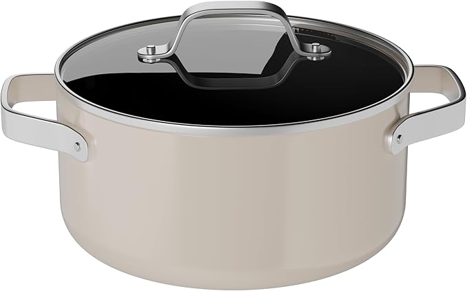 Bakken 16 Quart Ceramic Coated Stock Pot with Lid, Easy Clean Nonstick Pot, Tempered Glass Lid, Riveted Stainless Steel Handles, Oven Safe Up To 500°F, PTFE & PFAS Free, All Stove Compatible, Cream