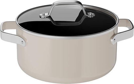 Bakken 16 Quart Ceramic Coated Stock Pot with Lid, Easy Clean Nonstick Pot, Tempered Glass Lid, Riveted Stainless Steel Handles, Oven Safe Up To 500°F, PTFE & PFAS Free, All Stove Compatible, Cream