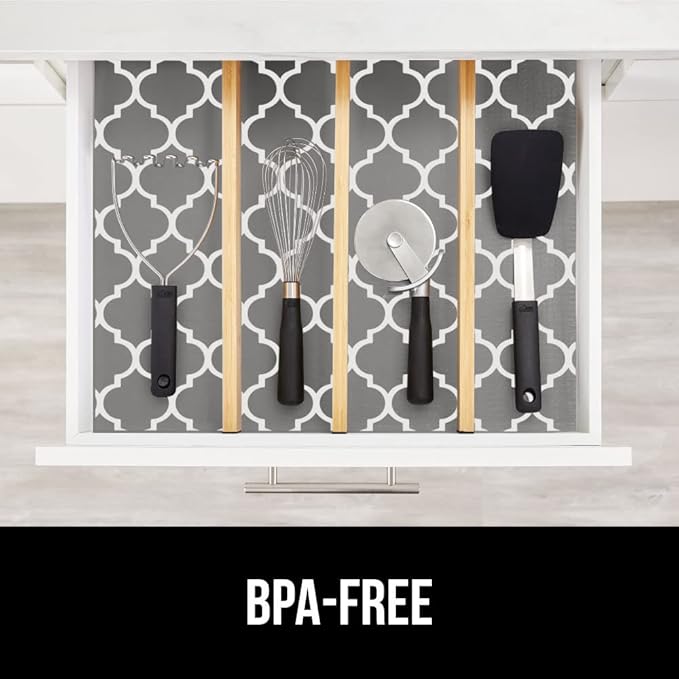 GORILLA GRIP DripGuard Shelf Liner, Non Adhesive Drawer and Kitchen Cabinet Protector, Slip Resistant BPA Free Smooth Surface Plastic Liners for Cabinets, Bathrooms, Closets, 12x120 Inch, White Gray