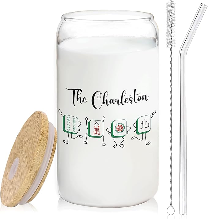 Mah Jong Accessories Glass Cup with Lids and Straws 14oz, Gifts for Women Mahjong Players Lovers, Mahjong Tiles Glass Iced Coffee Tumbler Drinking Jars with Cleaning Brush