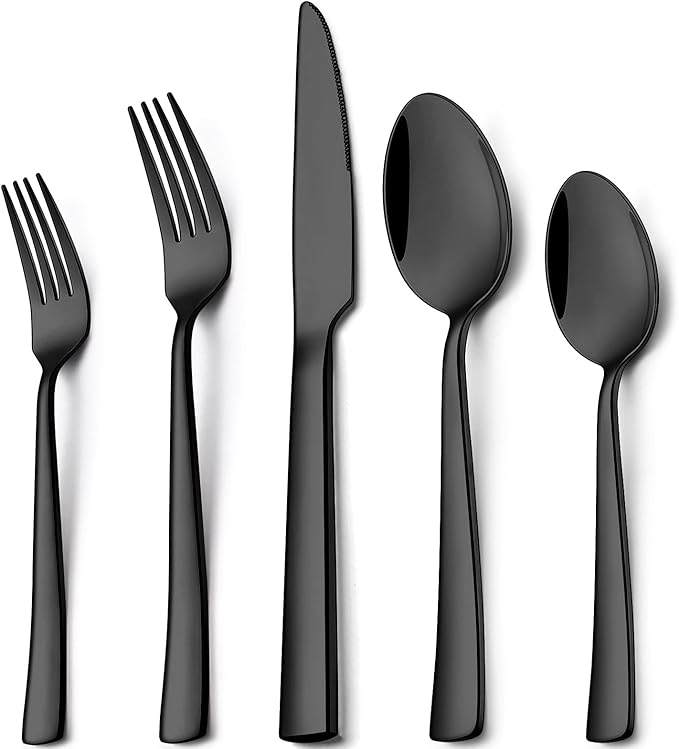 Wildone 60-Piece Black Silverware Set, Stainless Steel Flatware Square Cutlery Set Service for 12, Eating Utensils Include Knife Fork Spoon, Mirror Polished & Dishwasher Safe