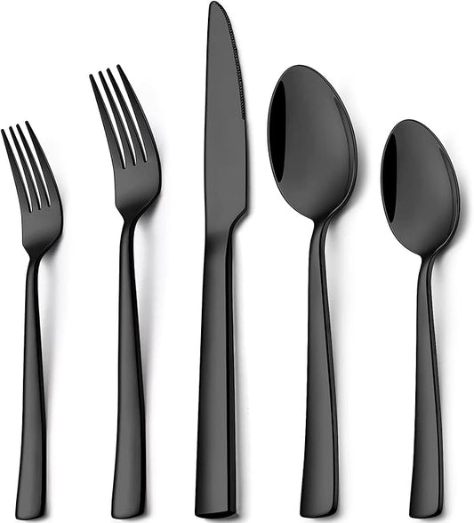 Wildone 60-Piece Black Silverware Set, Stainless Steel Flatware Square Cutlery Set Service for 12, Eating Utensils Include Knife Fork Spoon, Mirror Polished & Dishwasher Safe